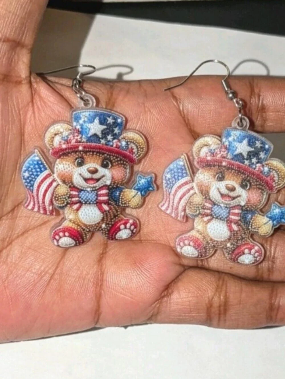 Patriotic Teddy Bear Dangle Earrings - Red White Blue